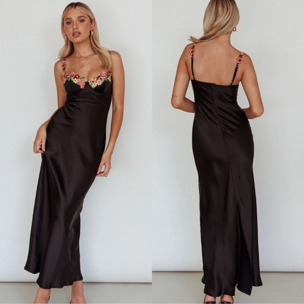 NWT Selfie Leslie Black Satin Maxi Dress Floral Embroidered Straps Slip Dress